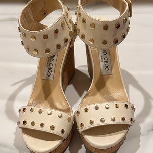 JIMMY CHOO Studded NELLY Cork Wedge Sandal Ivory Leather EU 36.5, US 6.5